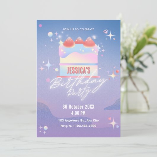 Glühende Erdbeerkuchen Geburtstag Einladung (Stehend Vorderseite)