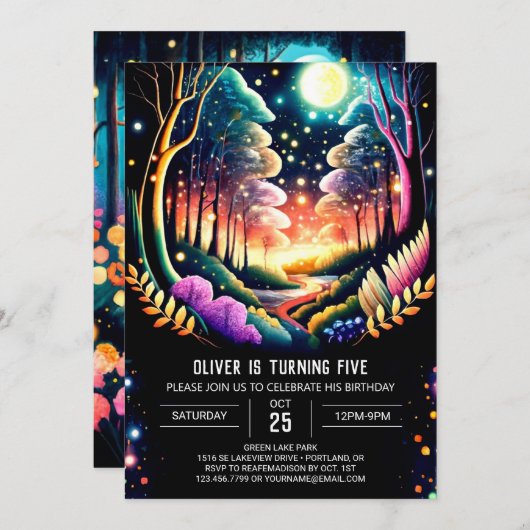 Glühende Fireflies Abenteuer Geburtstag Einladung (Vorne/Hinten)