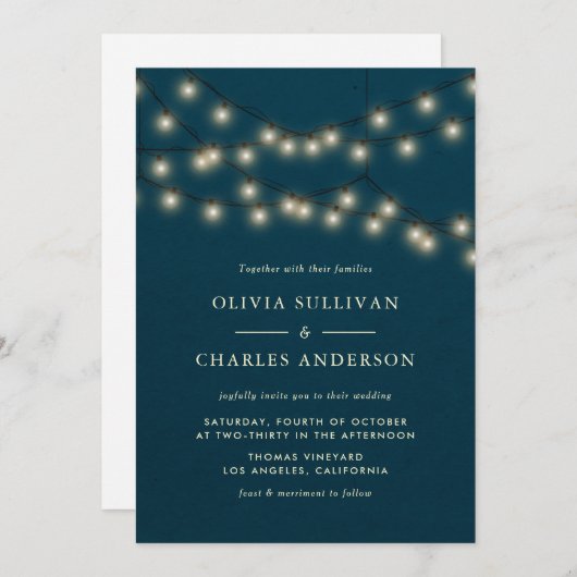 Glühende Globe-String-Lichter Rustikale Aquamarine Einladung (Vorne/Hinten)