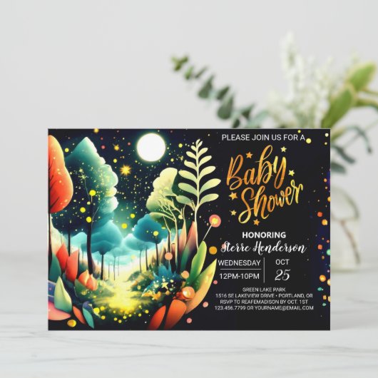 Glühende Glühwürmchen Wonderland Babydusche Einladung (Stehend Vorderseite)