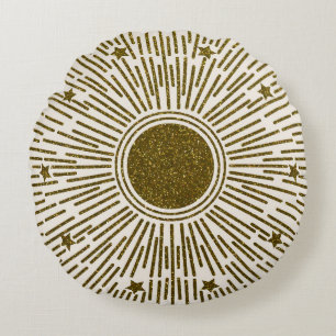 Glühende goldene Sonne, Vintage Strahlen. Rundes Kissen