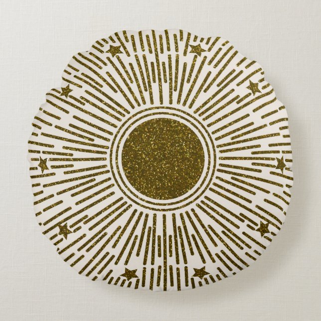 Glühende goldene Sonne, Vintage Strahlen. Rundes Kissen (Vorderseite)