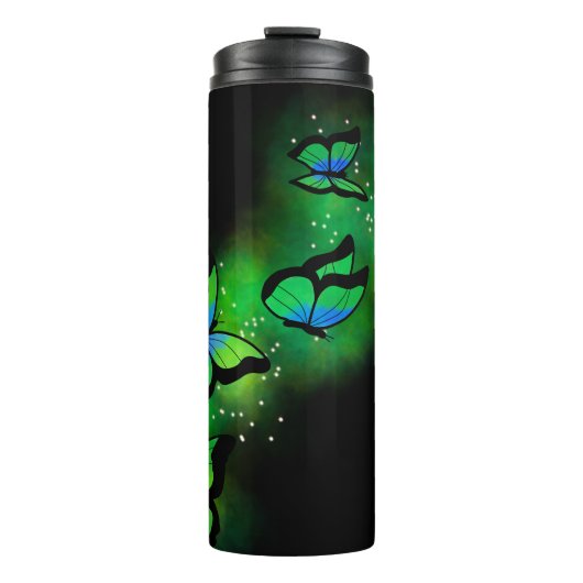 Glühende grüne Schmetterlinge Thermosbecher (Vorderseite)