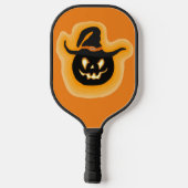 Glühende Kürbishexe auf Orange Pickleball Schläger (Rückseite)