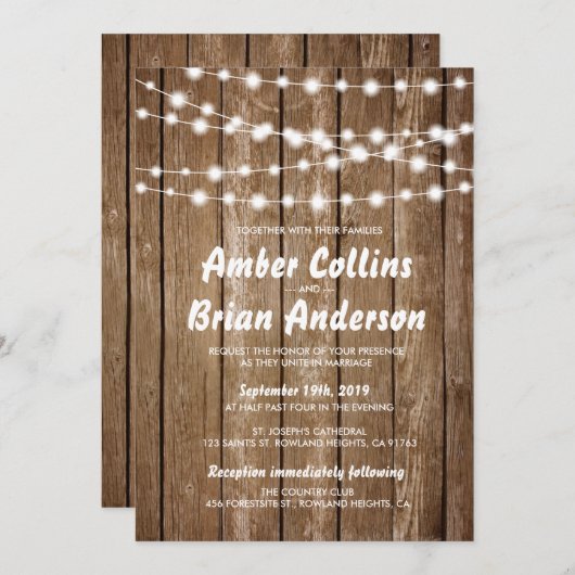 Glühende Lichter Rustikale Barnholz-Country Hochze Einladung (Vorne/Hinten)