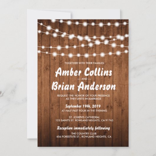Glühende Lichter Rustikale Barnholz-Country Hochze Einladung (Vorderseite)