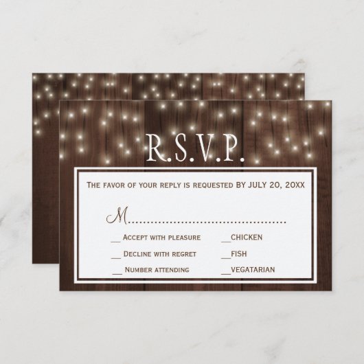 Glühende Lichter rustikale Scheunenholz Hochzeit R RSVP Karte (Vorne/Hinten)