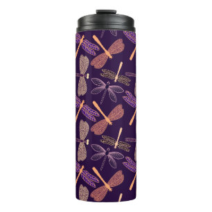 Glühende Nachtlibellen auf dunklem Thermosbecher