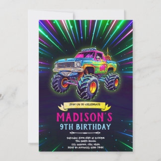 Glühende Neon-Monster-Truck-Einladung Einladung