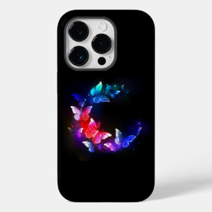 Glühende Neon-Nachtschmetterlinge auf schwarzem Hi Case-Mate iPhone 14 Pro Hülle