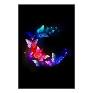 Glühende Neon-Nachtschmetterlinge auf schwarzem Hi Poster