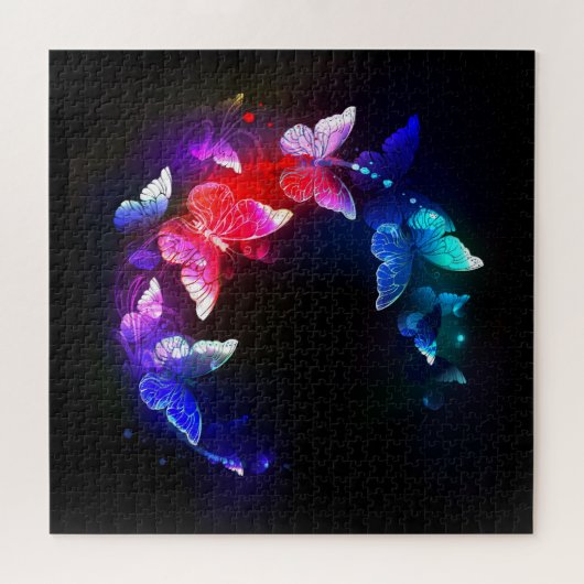 Glühende Neon-Nachtschmetterlinge auf schwarzem Hi Puzzle (Horizontal)