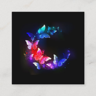 Glühende Neon-Nachtschmetterlinge auf schwarzem Hi Quadratische Visitenkarte