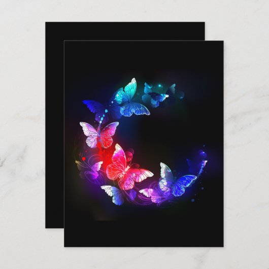 Glühende Neon-Nachtschmetterlinge auf schwarzem Hi Save The Date (Vorne/Hinten)