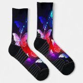 Glühende Neon-Nachtschmetterlinge auf schwarzem Hi Socken (Rechts)