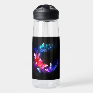 Glühende Neon-Nachtschmetterlinge auf schwarzem Hi Trinkflasche