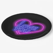 Glühende Neon Pink Blue Valentines Herz Large 9" Pappteller (Schrägansicht)