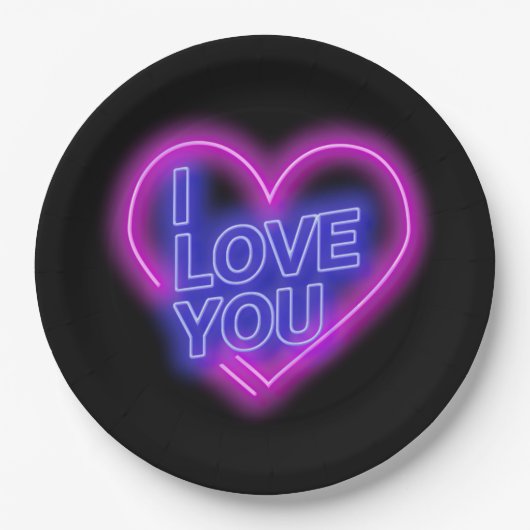 Glühende Neon Pink Blue Valentines Herz Large 9" Pappteller (Vorderseite)