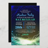Glühende Neon Stars Bar Mitzvah Einladung blau (Vorne/Hinten)