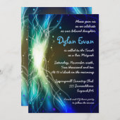 Glühende Neon Stars Bar Mitzvah Einladung blau (Vorne/Hinten)