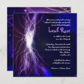 Glühende Neon Stars Bat Mitzvah Einladung lila (Vorne/Hinten)