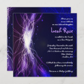 Glühende Neon Stars Bat Mitzvah Einladung lila (Vorne/Hinten)