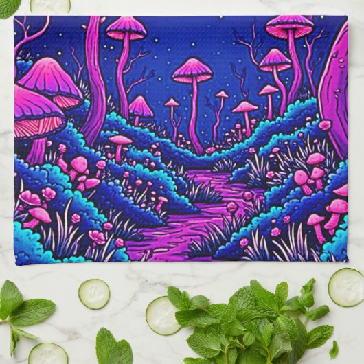 Glühende Psychedelic Mushroom Forest Night Geschirrtuch (Gefaltet)