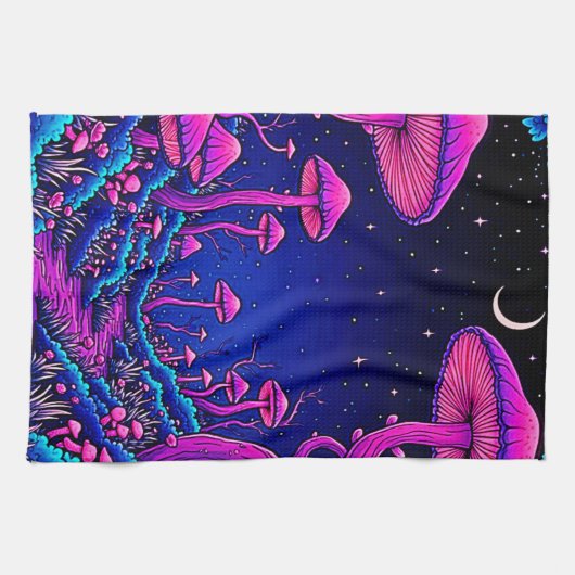 Glühende Psychedelic Mushroom Forest Night Geschirrtuch (Horizontal)