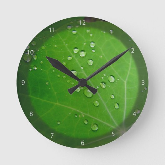 Glühende Raindropfen auf Nasturtiumblättern Runde Wanduhr (Vorderseite)