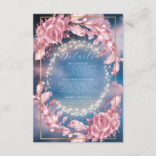 Glühende rosige Blume und Glitzern Hochzeit Begleitkarte (Vorderseite)