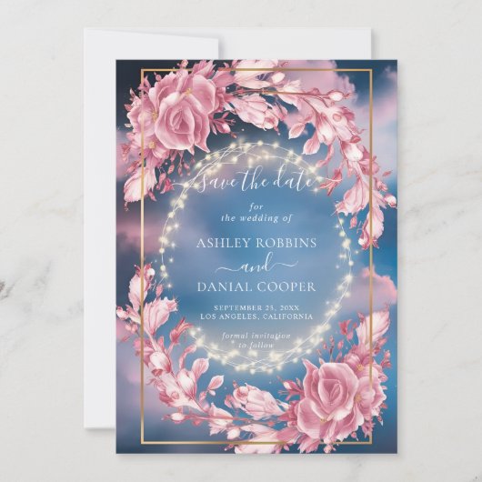 Glühende rosige Blume und Glitzern Save the Date Einladung (Vorderseite)