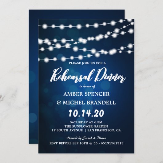 Glühende Saitenlichter Tief blauer Probe Abendesse Einladung (Vorne/Hinten)