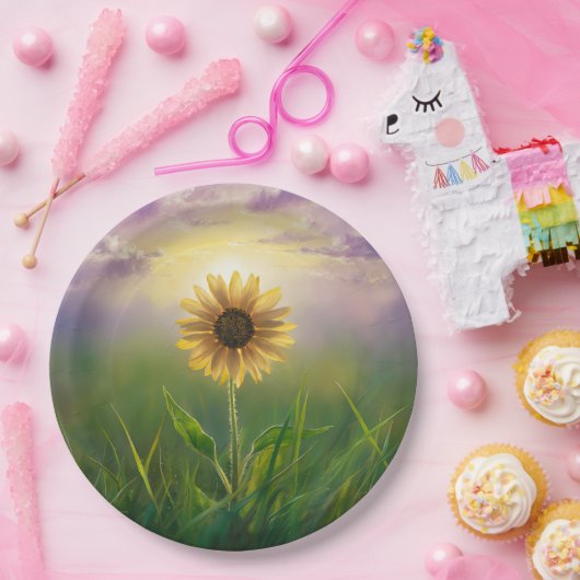 Glühende Sonnenblume auf grasbedecktem Feld Pappteller (Party)