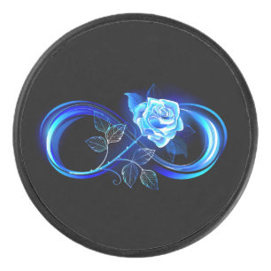 Glühende Unendlichkeit mit blauer Rose Eishockey Puck