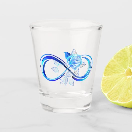 Glühende Unendlichkeit mit blauer Rose Schnapsglas (Vorderseite)