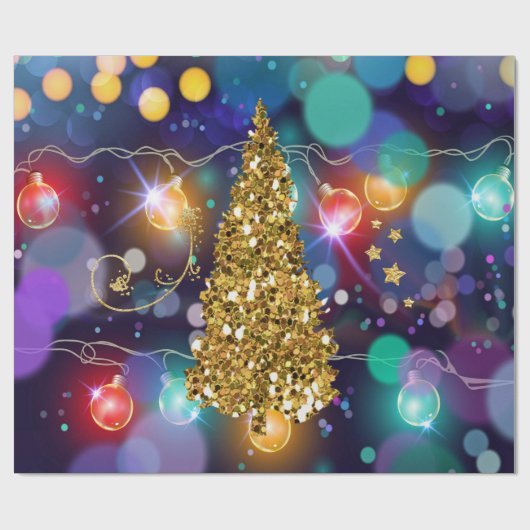 Glühende Weihnachtsbeleuchtung Bokeh Golden Tree Geschenkpapier (Flach)