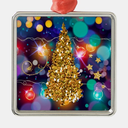 Glühende Weihnachtsbeleuchtung Bokeh Golden Tree Ornament Aus Metall (Vorne)
