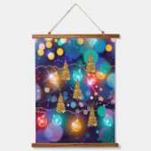 Glühende Weihnachtsbeleuchtung Bokeh Golden Trees Wandteppich Mit Holzrahmen (Vorderseite)