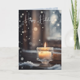 Glühende Weihnachtskerze im Schnee Feiertagskarte
