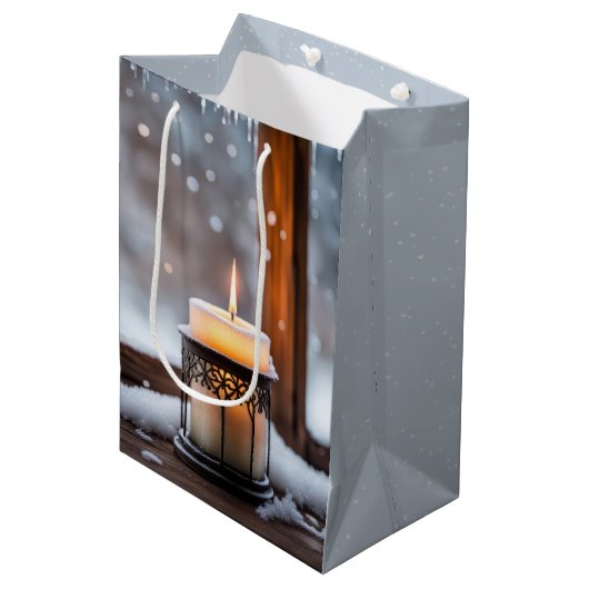 Glühende Weihnachtskerze im Schnee Mittlere Geschenktüte (Vorderseite Schrägansicht)