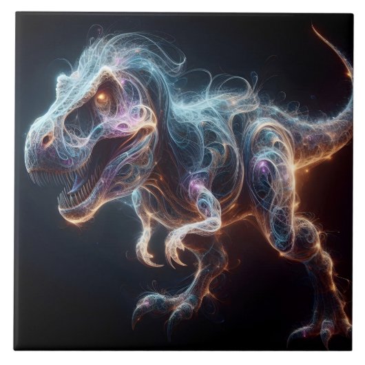 Glühender Dinosaurier in einer dunklen Umgebung Fliese (Vorderseite)