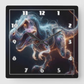 Glühender Dinosaurier in einer dunklen Umgebung Quadratische Wanduhr (Vorderseite)