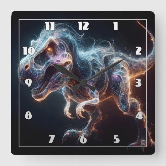 Glühender Dinosaurier in einer dunklen Umgebung Quadratische Wanduhr (Vorderseite)