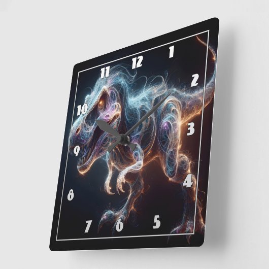 Glühender Dinosaurier in einer dunklen Umgebung Quadratische Wanduhr (Winkel)