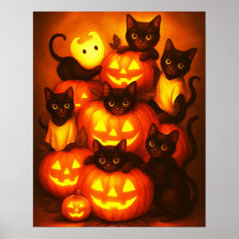 Glühender Halloween-Kürbis mit Niedlichem Schwarzk Poster