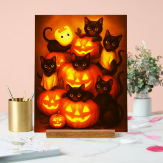 Glühender Halloween-Kürbis mit Niedlicher Schwarze Acrylschild