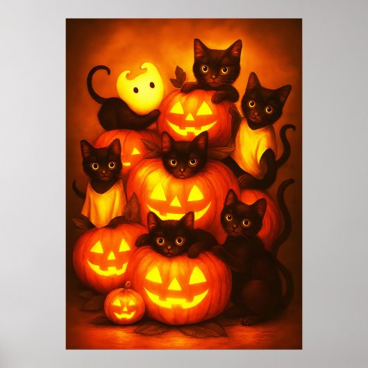 Glühender Halloween-Kürbis mit Niedlicher Schwarze Poster (Vorne)