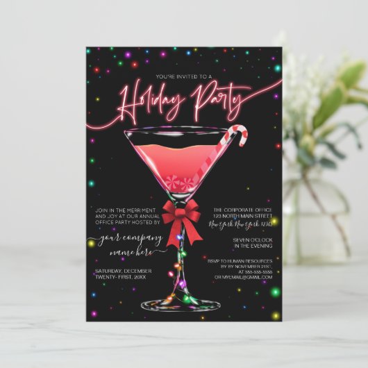 Glühender Light Candy Cane Martini Corporate Holid Einladung (Stehend Vorderseite)