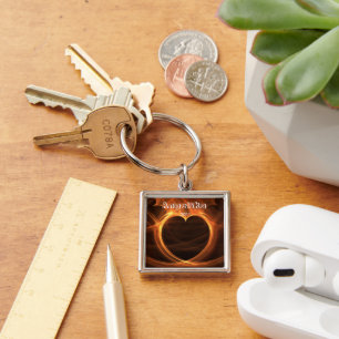 Glühender Orange Fraktal Herzdesign Keepake Schlüsselanhänger