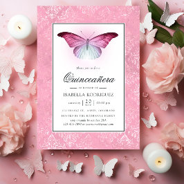 Glühender rosa Schmetterling Quinceañera Einladung
